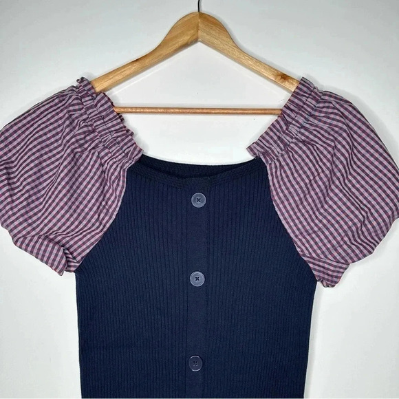 Maeve Anthropologie Navy Button Up Ribbed Knit Puff Sleeve Dress Size Large - Picture 4 of 10